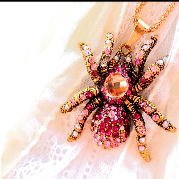 Bronze & Pink Crystal Spider Pendant Necklace, NWT - Picture 5 of 6